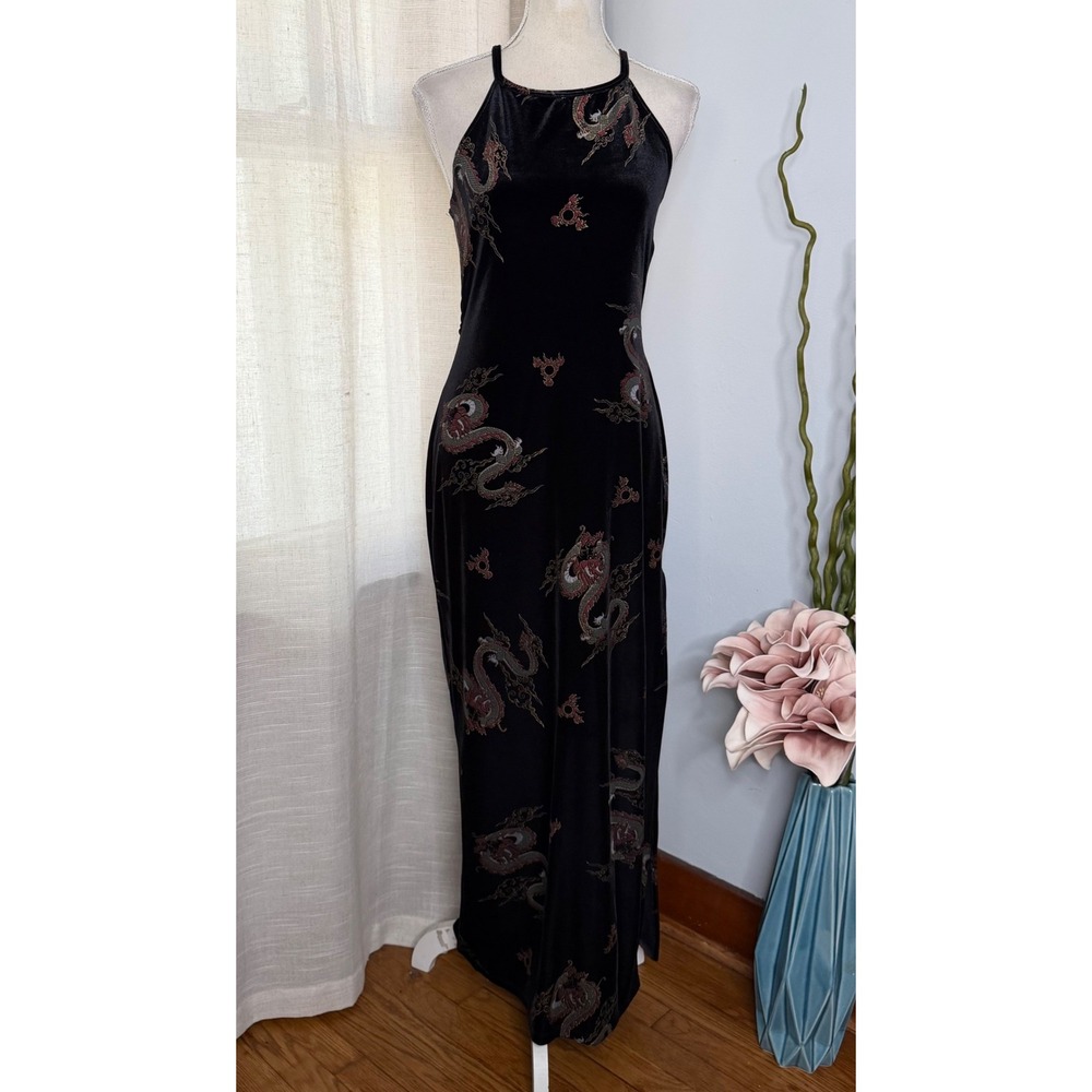 90s Y2K Vintage Lucca Velvet Dragon Open Back Asian Maxi Dress Black Large